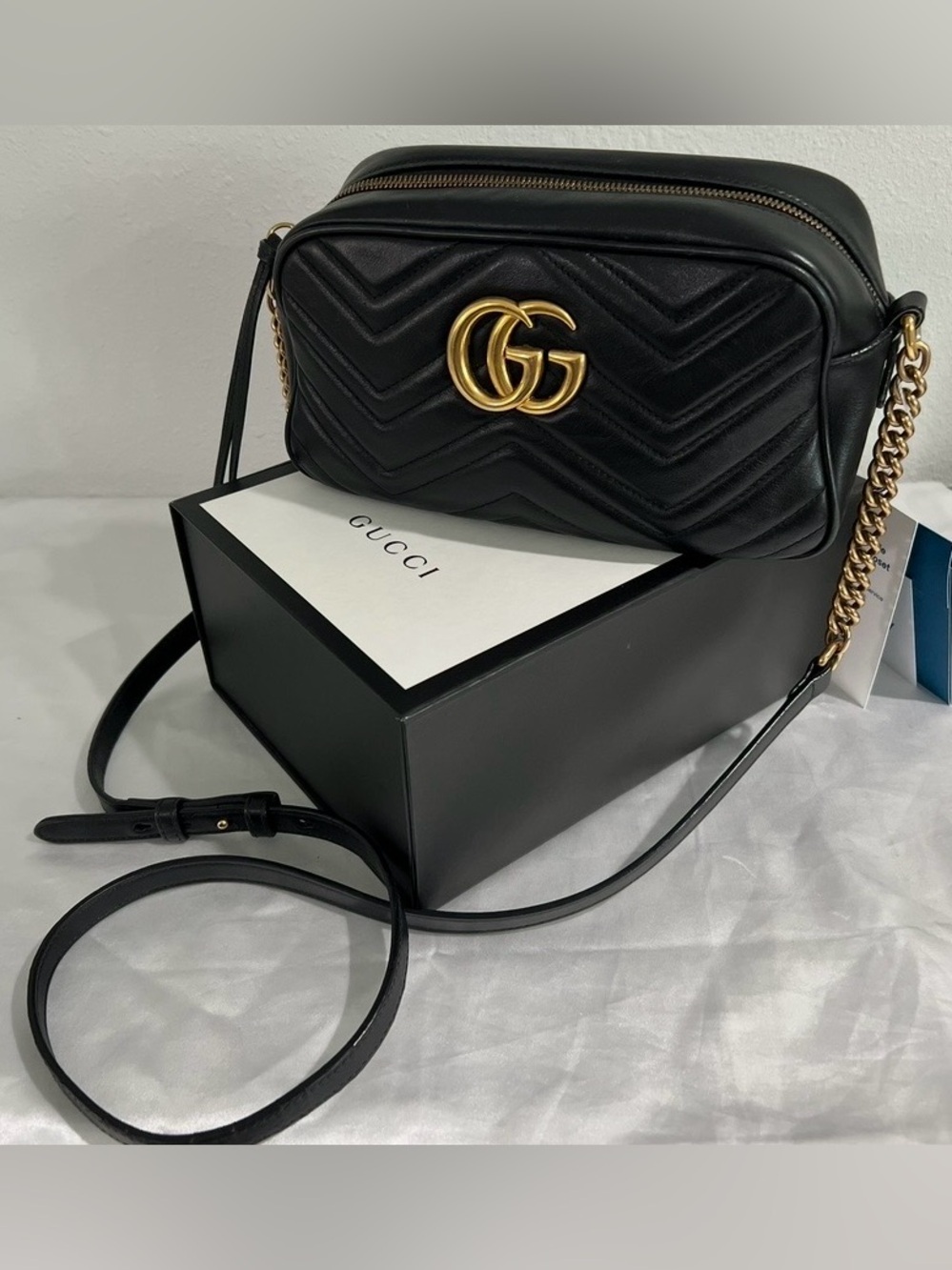 Gucci GG Marmont Small Camera Bag Black Matelassé Leather w/Box & Dust Bag